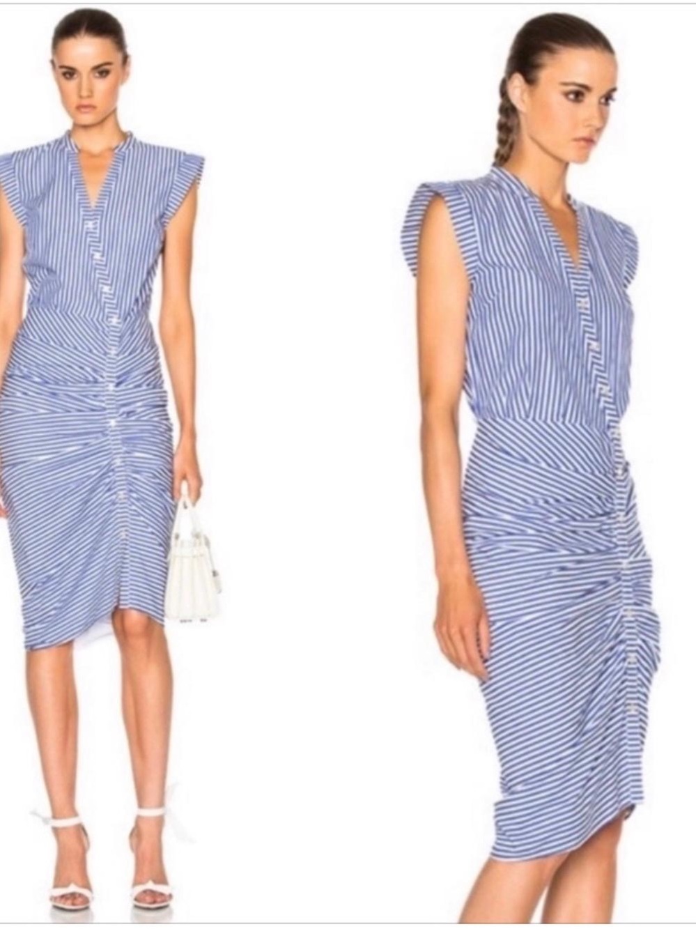 Veronica Beard Blue & White Striped Ruched Midi Dress